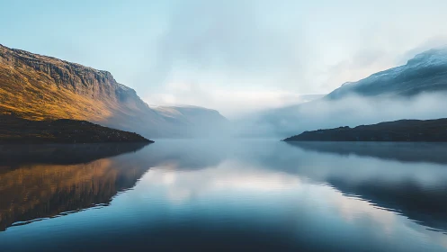 Mist rolls across a tranquil fjord beneath pale morning sky