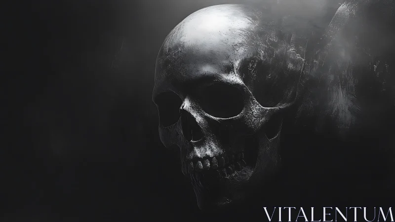 Polished metallic skull emerging from dense chiaroscuro mist.