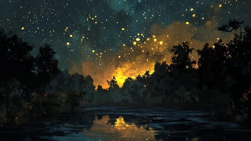 Starlit Glow Over Forest Lake at Twilight.