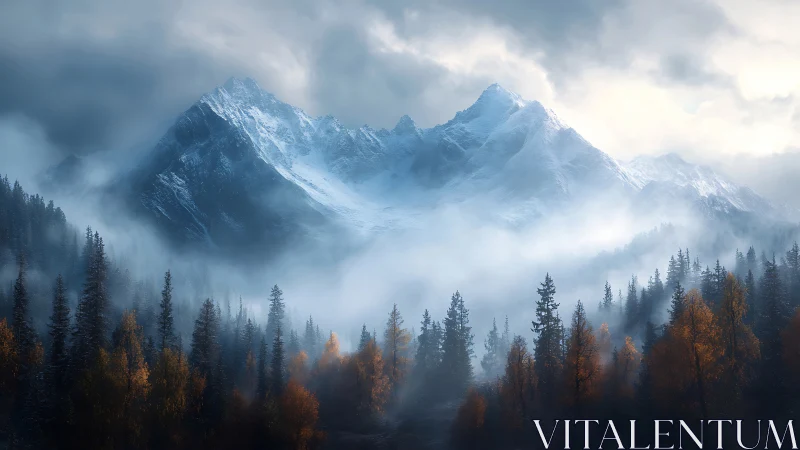 Snow peaks rise above misty forest in autumn twilight.