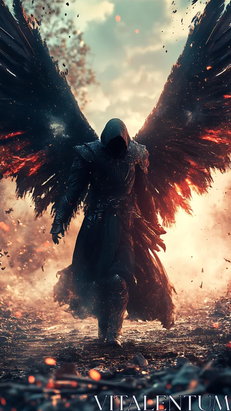 Winged hooded figure walks through burning debris field