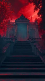 Haunted neoclassical mansion looms under crimson sky