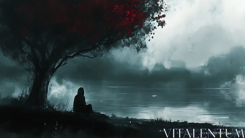 Hooded dreamer lingers beneath the bloodred listening tree