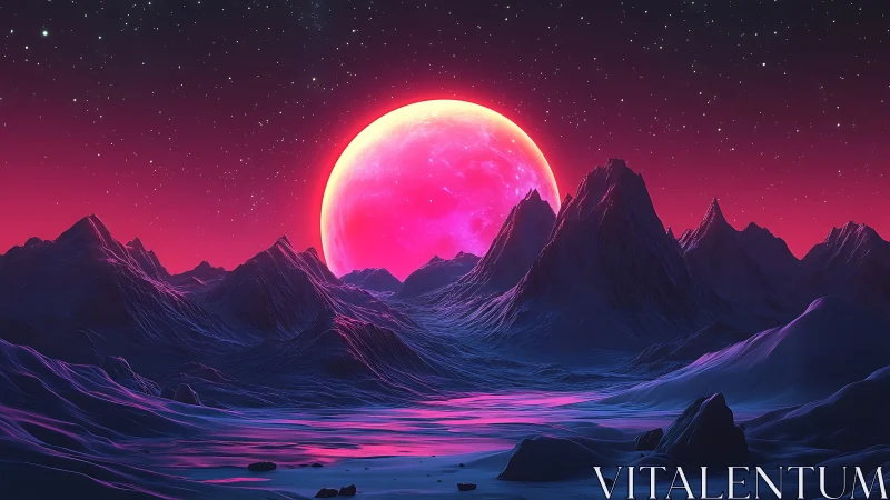 Neon planetary horizon over stylized mountainous terrain.