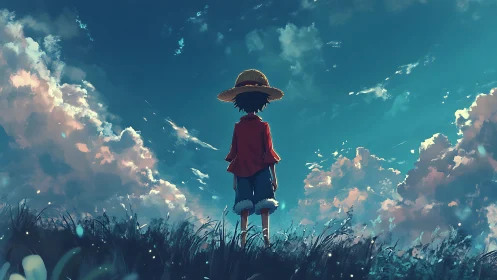 Figure in straw hat observing distant cloud-filled sky.