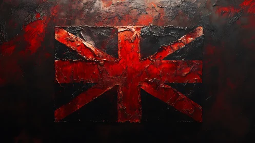 Textured red Union Jack abstraction in digital painting style.