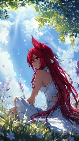 Red-haired foxgirl in volumetric spring meadow illumination.