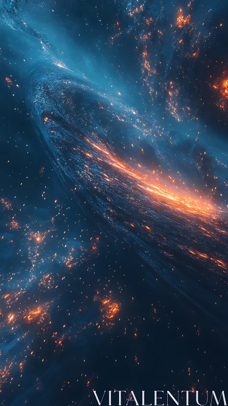 Spiraling cosmic vortex bends starlit nebula into fiery arc