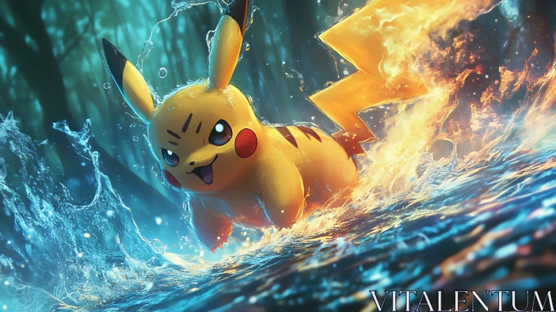 Dynamic Pikachu rendered in high-energy water and fire interaction