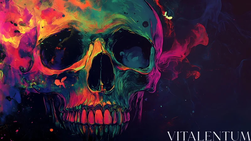 Neon smoke skull emerges from darkness in vivid abstract glow