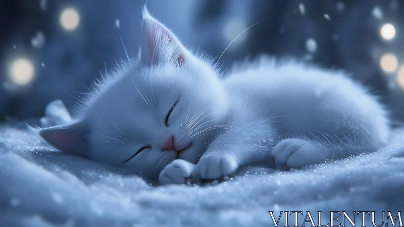 White Cat Resting on Snow Surface.