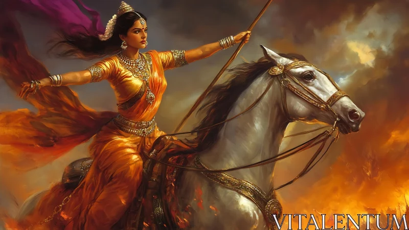 Warrior queen rides white horse through blazing battlefield.