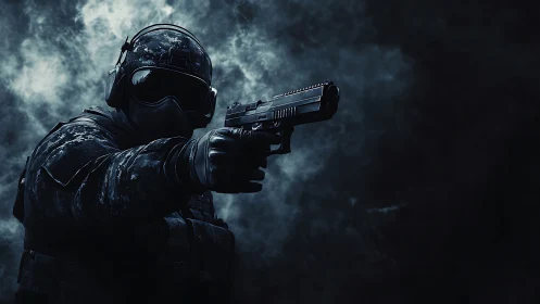 Tactical soldier in dark armor aiming pistol in smoke field.