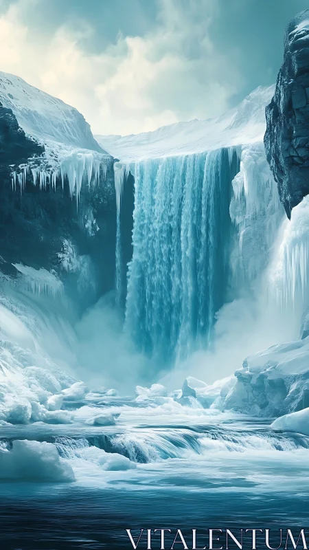 Glacial waterfall cascades through icebound canyon in teal hues