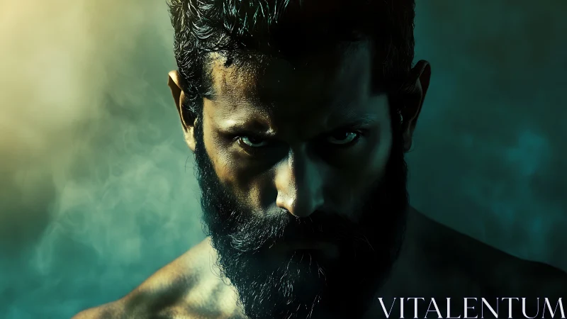 Intense bearded gaze emerges from shadow and colored mist