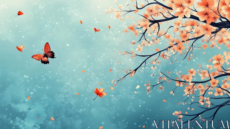 Asymmetric cherry blossom branch and butterfly rendered with soft bokeh