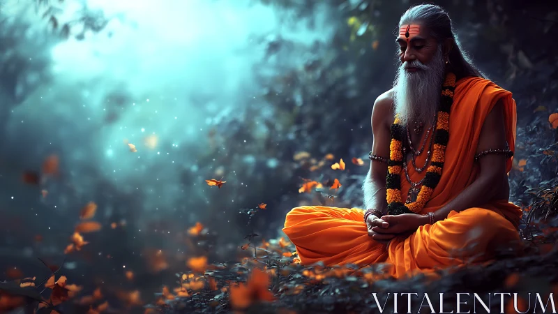 Meditating sage in glowing forest sanctuary at dawn.