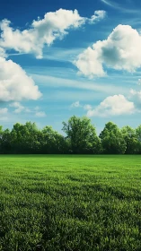 Green meadow under blue sky with distant tree line.
