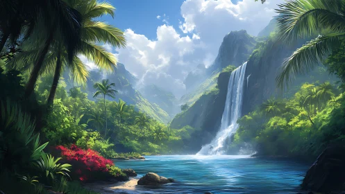 Tropical waterfall valley rendered with high dynamic foliage lighting
