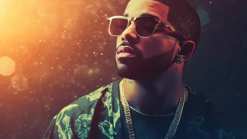 Digital portrait shows male figure in sunglasses under warm light