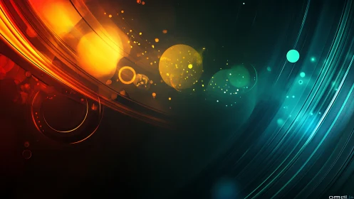 Bicolor luminous arcs with floating bokeh orbits in motion.