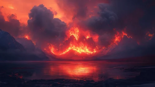 Volcanic Eruption Over Night Ocean Water