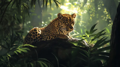 Leopard resting on mossed rock under volumetric jungle light