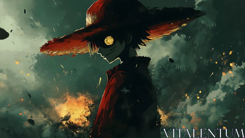 Straw-hatted wanderer stands amid stormy embers and smoke