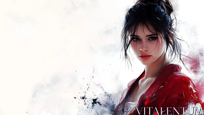 Stoic woman in red kimono emerges from painterly mist