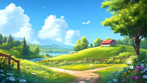 Sunlit country lane winding toward a quiet riverside cottage.