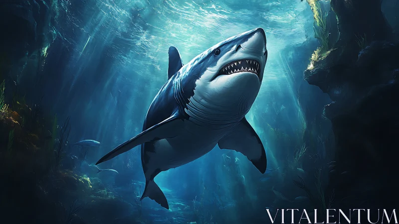 Great white shark swims through deep blue ocean canyon