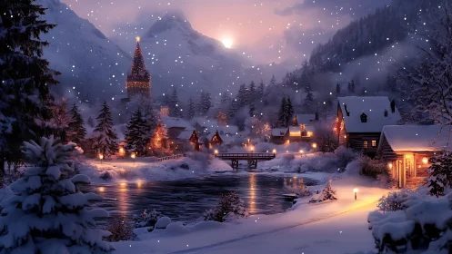 Snowy mountain village at dusk with warm cabin lights glowing.