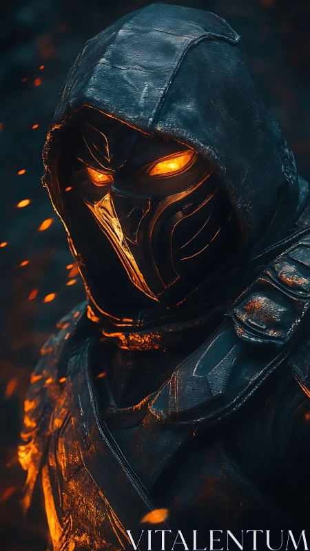 Hooded armored figure with glowing mask in ember-lit scene.