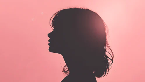 Silhouette profile of a woman against uniform pink light