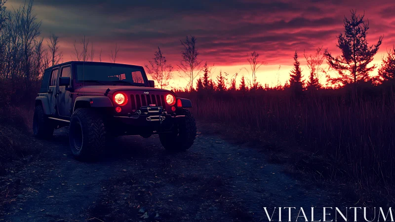 Bold off-road jeep enjoys a moody sunset forest trail