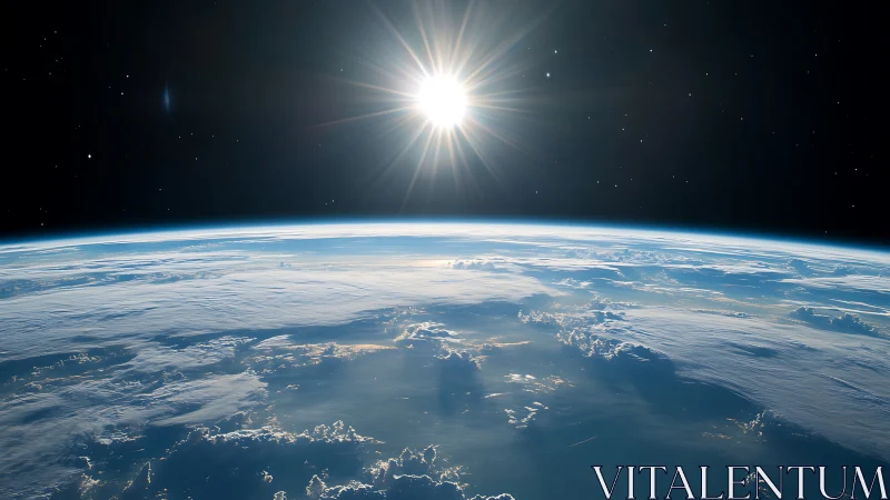 Low Earth orbit horizon with high-altitude cloud deck and solar glare