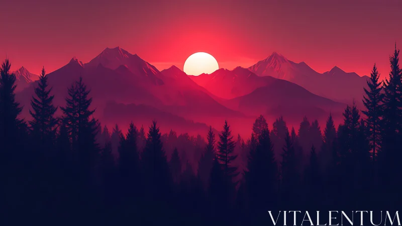 Crimson sun setting behind layered coniferous mountain ridge.