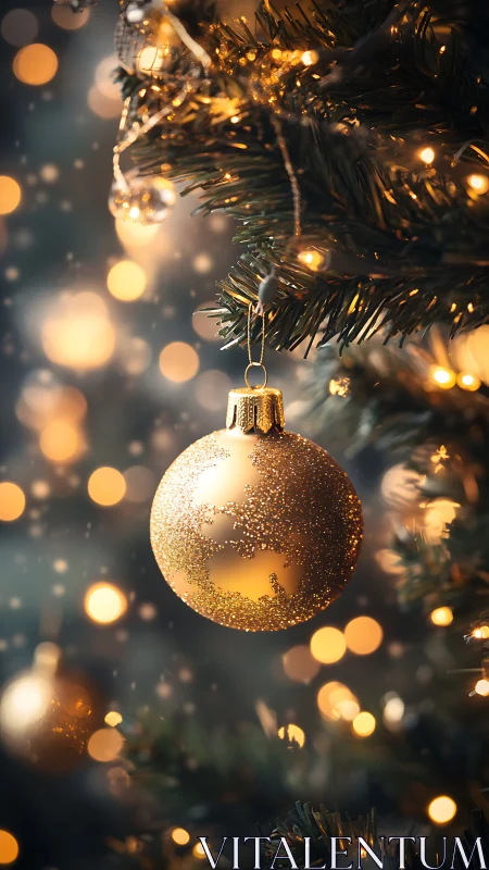 Gold ornament hangs on illuminated evergreen tree branch