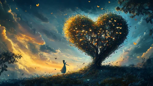 Heart-Shaped Tree Beneath Celestial Sky: Digital Surrealism.