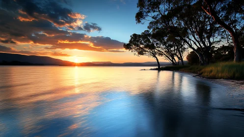 Sunset river mirror where ember sky kisses quiet trees.