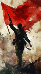 Lone soldier surges forward beneath a blazing red banner