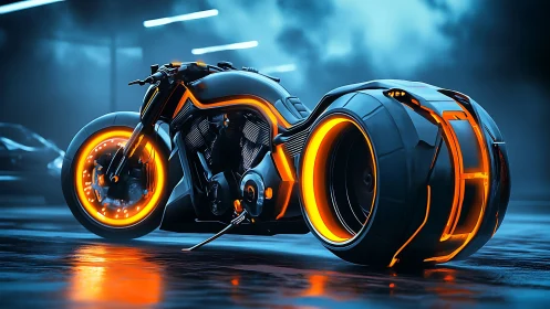 Cyberpunk neon hoverbike profile in wet-street lateral view.