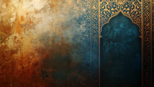 Ornate Islamic archway on textured teal and gold wall.