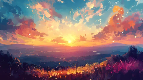 Radiant sunset spills warm light across painted valley sky