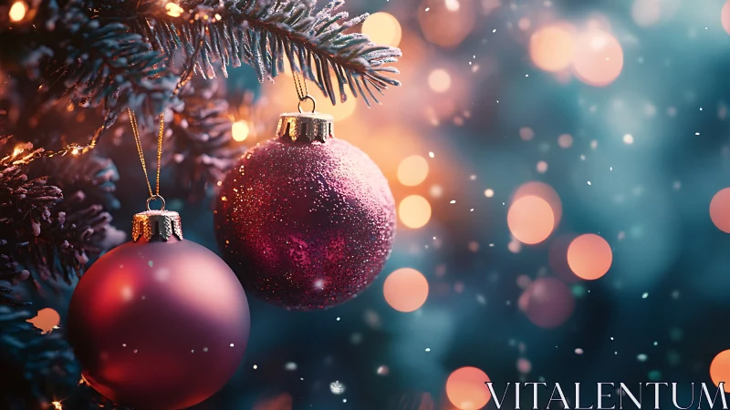 Photorealistic close-up of Christmas baubles with bokeh light.