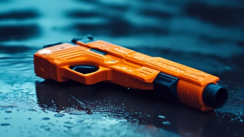 Toy water pistol lies on wet asphalt in cinematic closeup