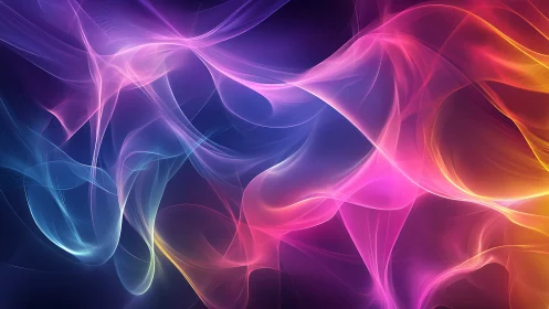 Digital painting of luminous chromatic waveforms in motion.