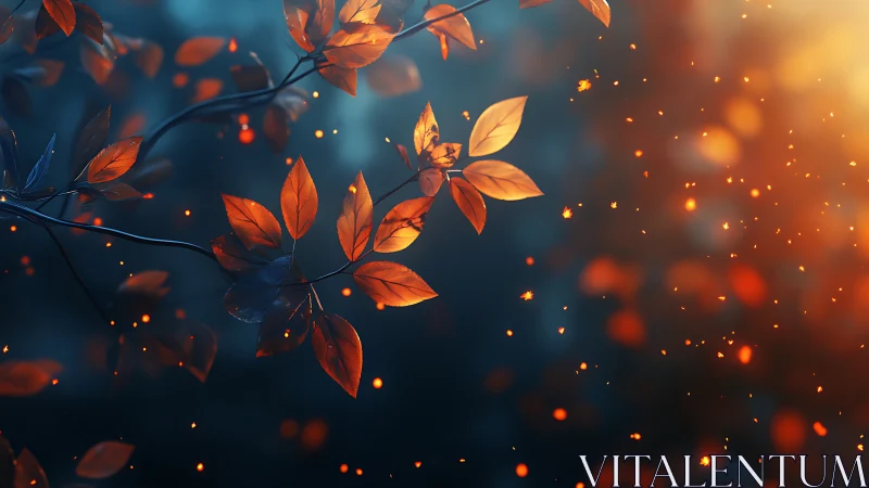 Autumn branch glows against deep teal bokeh background.