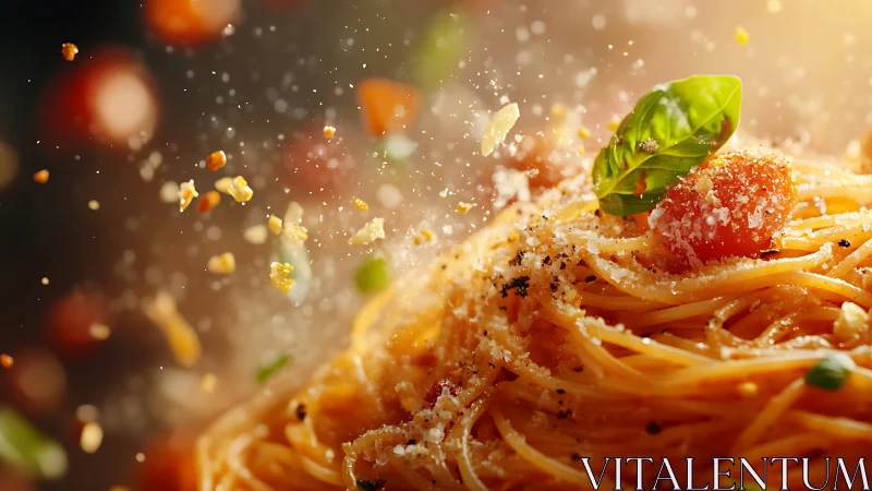 Spaghetti with tomato sauce under scattered garnish motion.