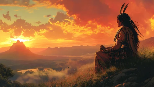 Digital painting of contemplative figure in ember-lit valley sunset.